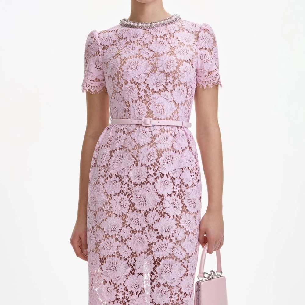 NEW Self-Portrait Fine Lace Pearl Midi Dress in Pink | UK 8 / US 4 - Picture 3 of 15